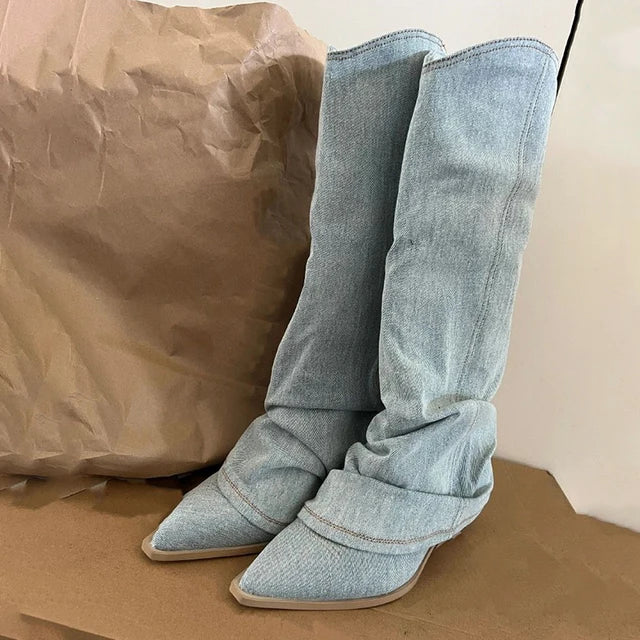 Blau Denim Stiefel Höhe Oberschenkel Trendy