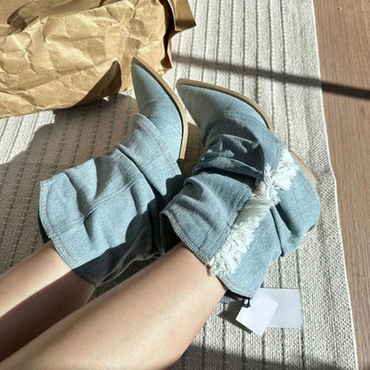 Blau Denim Stiefel Höhe Oberschenkel Trendy