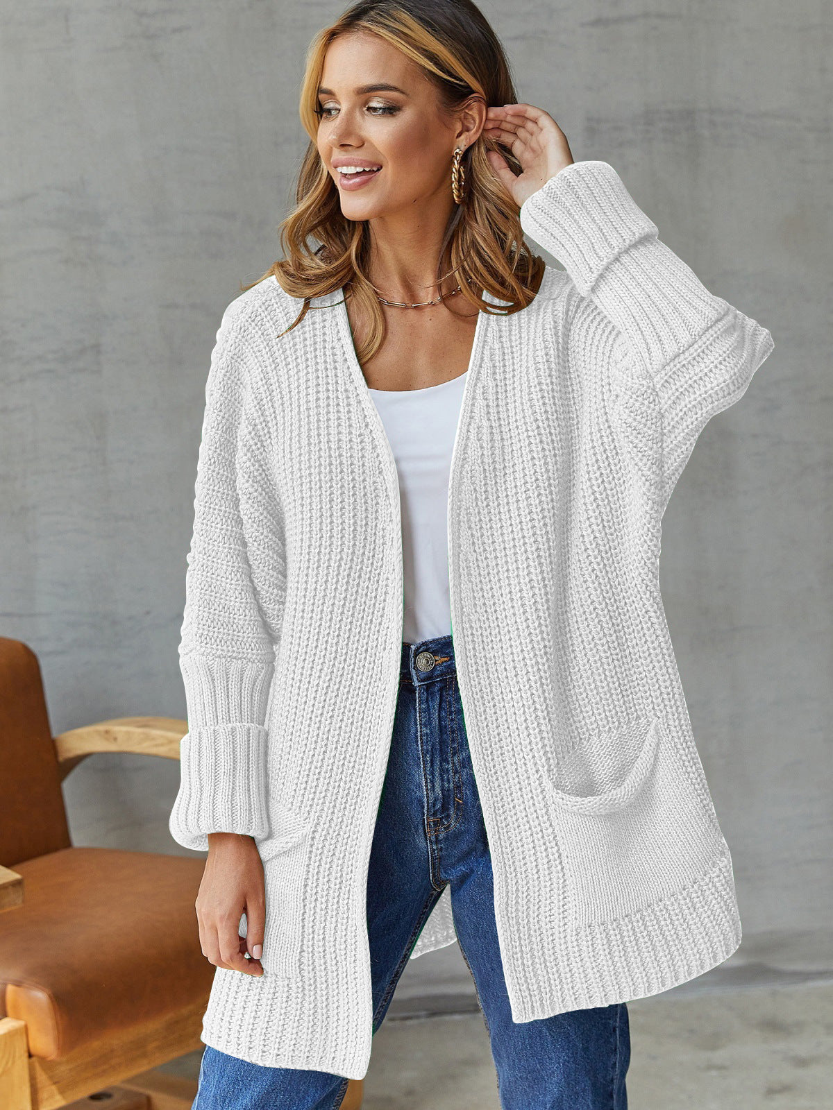 Damen Strickjacke Offen mit Taschen und Langen Ärmeln