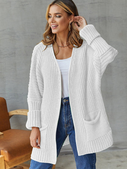 Damen Strickjacke Offen mit Taschen und Langen Ärmeln