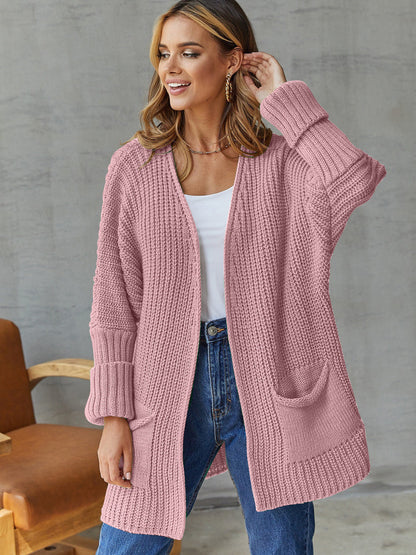 Damen Strickjacke Offen mit Taschen und Langen Ärmeln