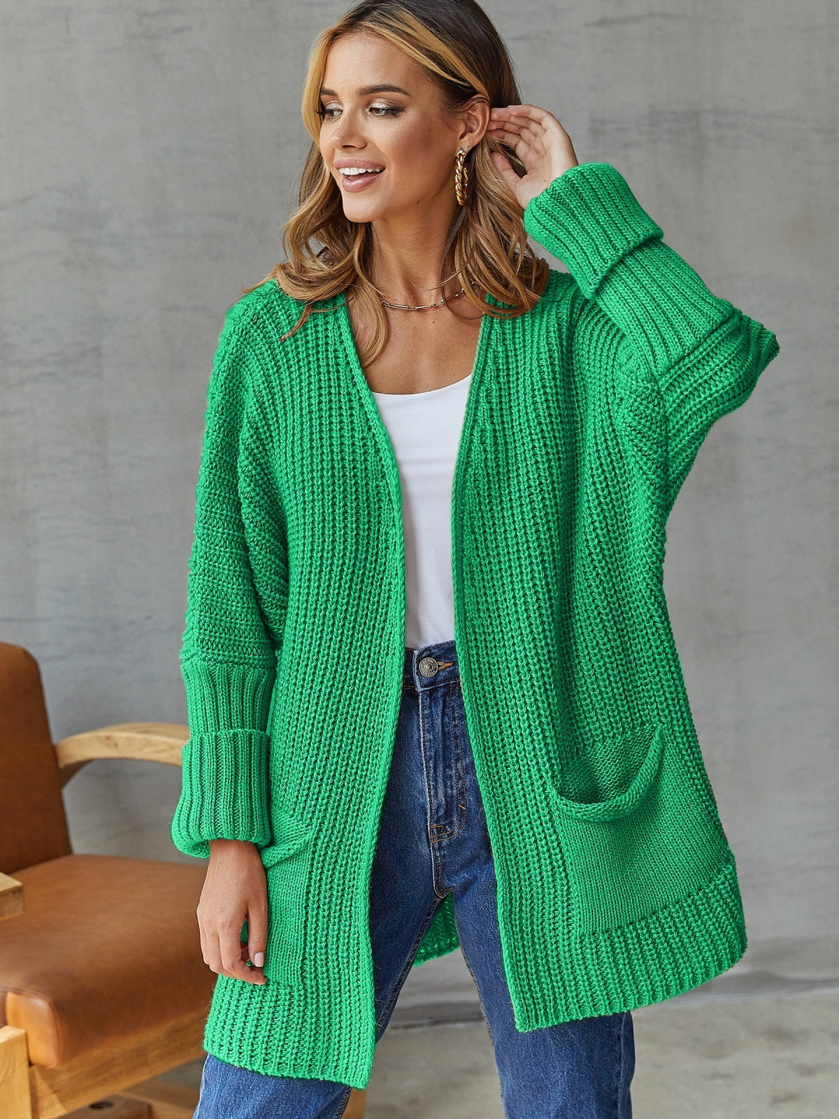 Damen Strickjacke Offen mit Taschen und Langen Ärmeln