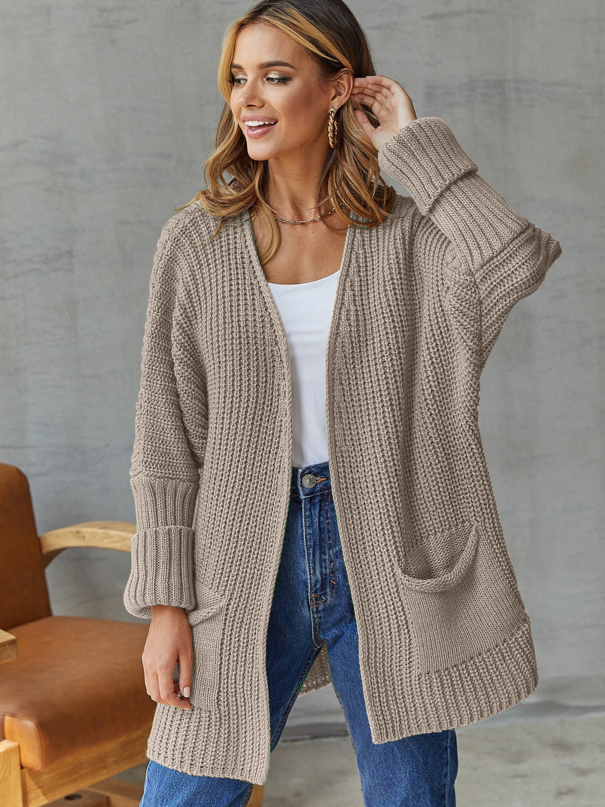 Damen Strickjacke Offen mit Taschen und Langen Ärmeln