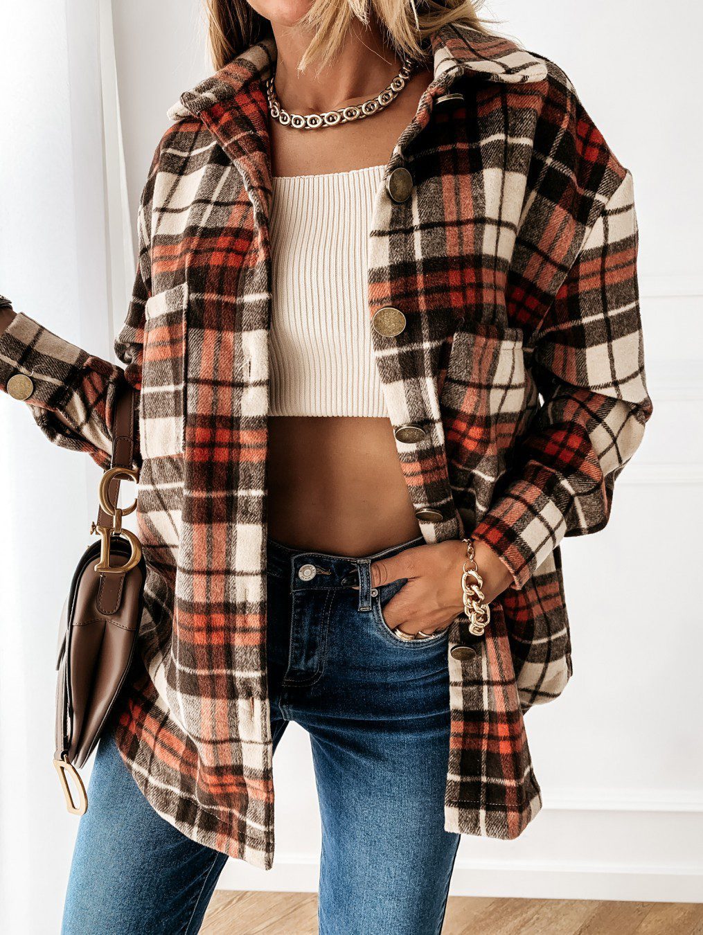 Damen Cardigan Oversized Karomuster Langärmlig