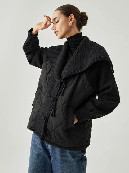 Damen Winterjacke Gefüttert Rippdetails Breiter Kragen