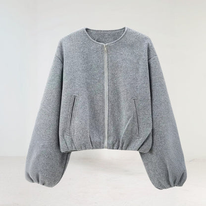 Modische Frauen Bomberjacke Ballonärmel Zip
