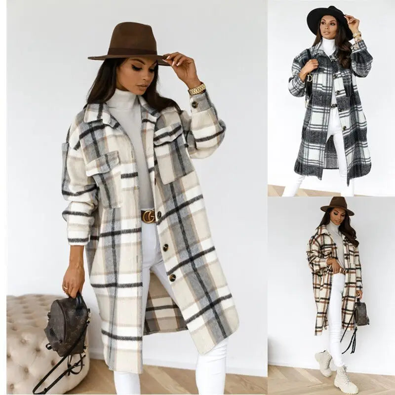 Langer Fleece-Mantel Karierter Stil - IdealeKleiden