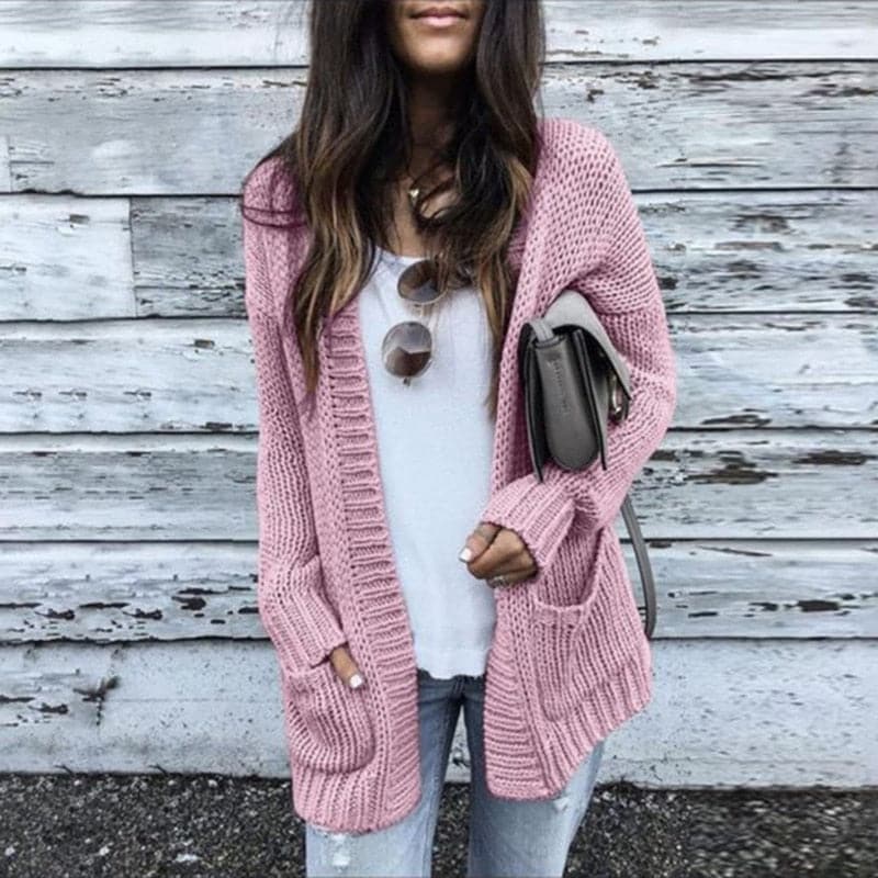 Entspannte Strickjacke Offene Vorderseite Mit Taschen - IdealeKleiden