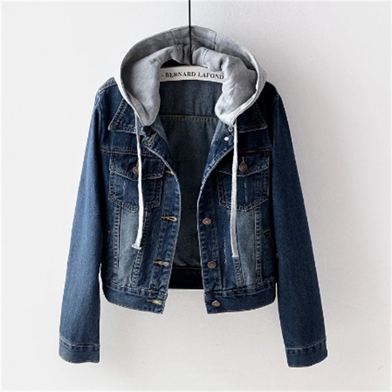 Frauen Denimjacke Herbst Chic Abnehmbarer Hoodie