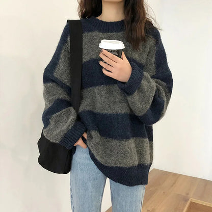 Damen Strickpullover Übergröße Gestreift Herbstmode