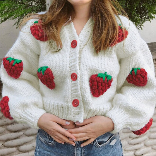 Frauen Cardigan Strickjacke Erdbeere Muster - IdealeKleiden