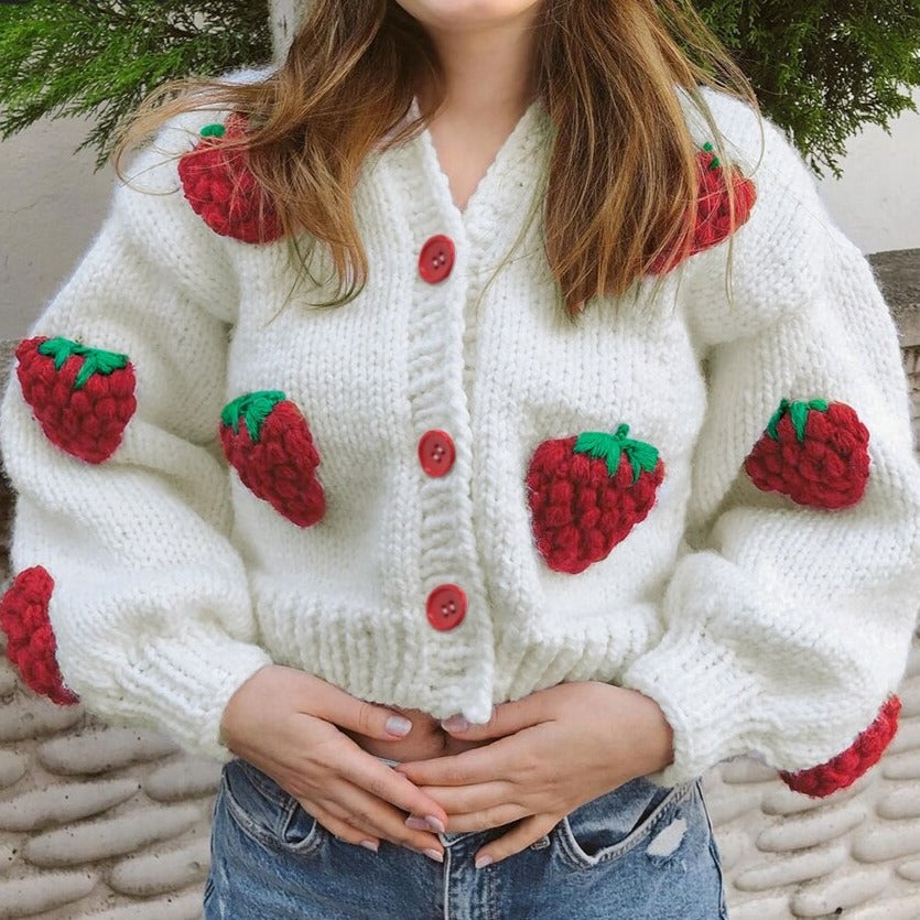Weiches Strickjacket Erdbeere Muster Damen - IdealeKleiden