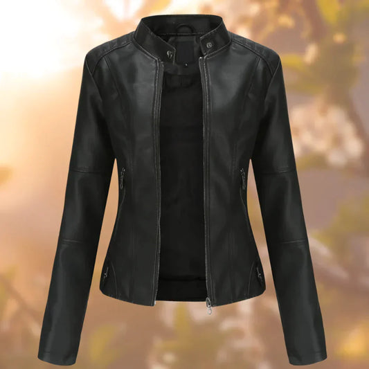 Stilvolle Lederjacke Frauen Elegant Schwarz - IdealeKleiden