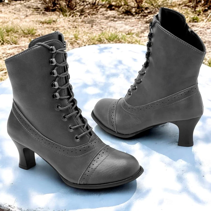 Damen Stiefel Viktorianisch Braune Mid Heel Schnürstiefel Elegance
