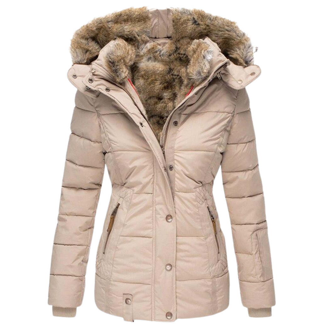 Warmes Winterkleid | Damenmantel mit Fellkragen und Steppnähten