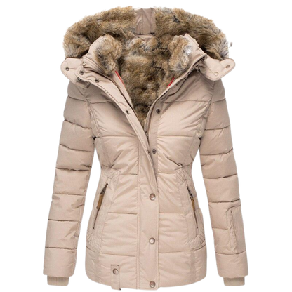 Warmes Winterkleid | Damenmantel mit Fellkragen und Steppnähten