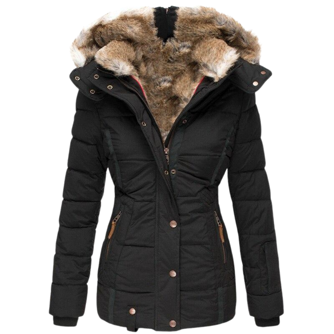 Warmes Winterkleid | Damenmantel mit Fellkragen und Steppnähten