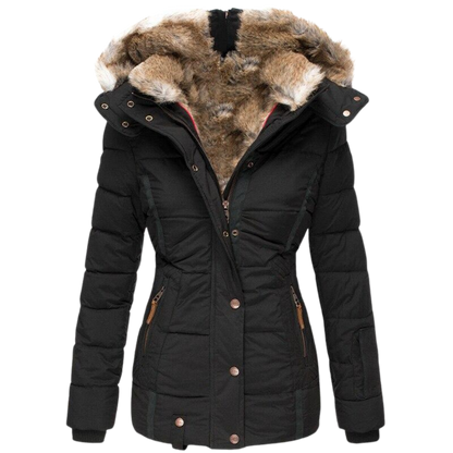 Warmes Winterkleid | Damenmantel mit Fellkragen und Steppnähten