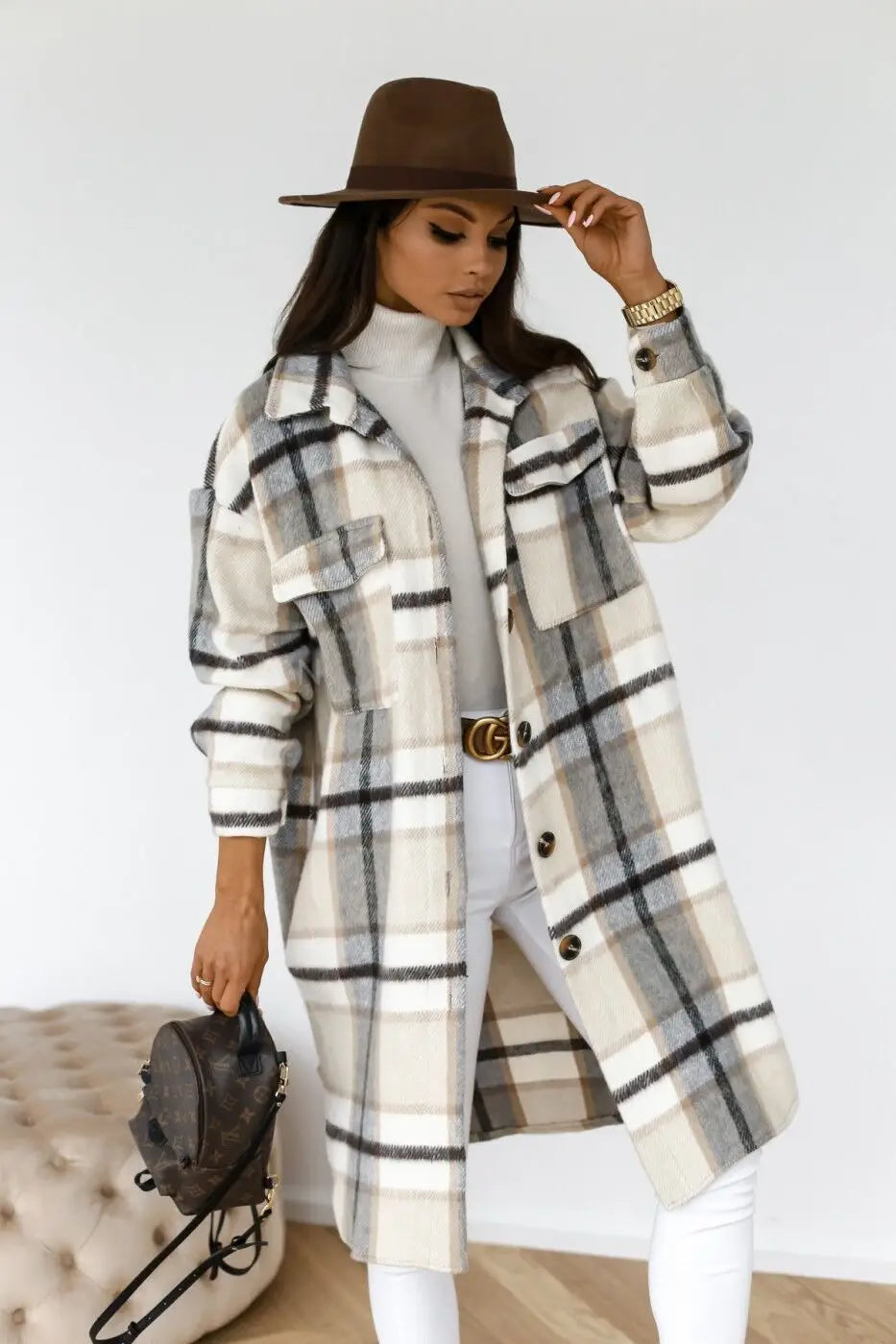 Langer Fleece-Mantel Karierter Stil