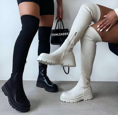 Kniehohe Strickstiefel Damen Elastisch - IdealeKleiden