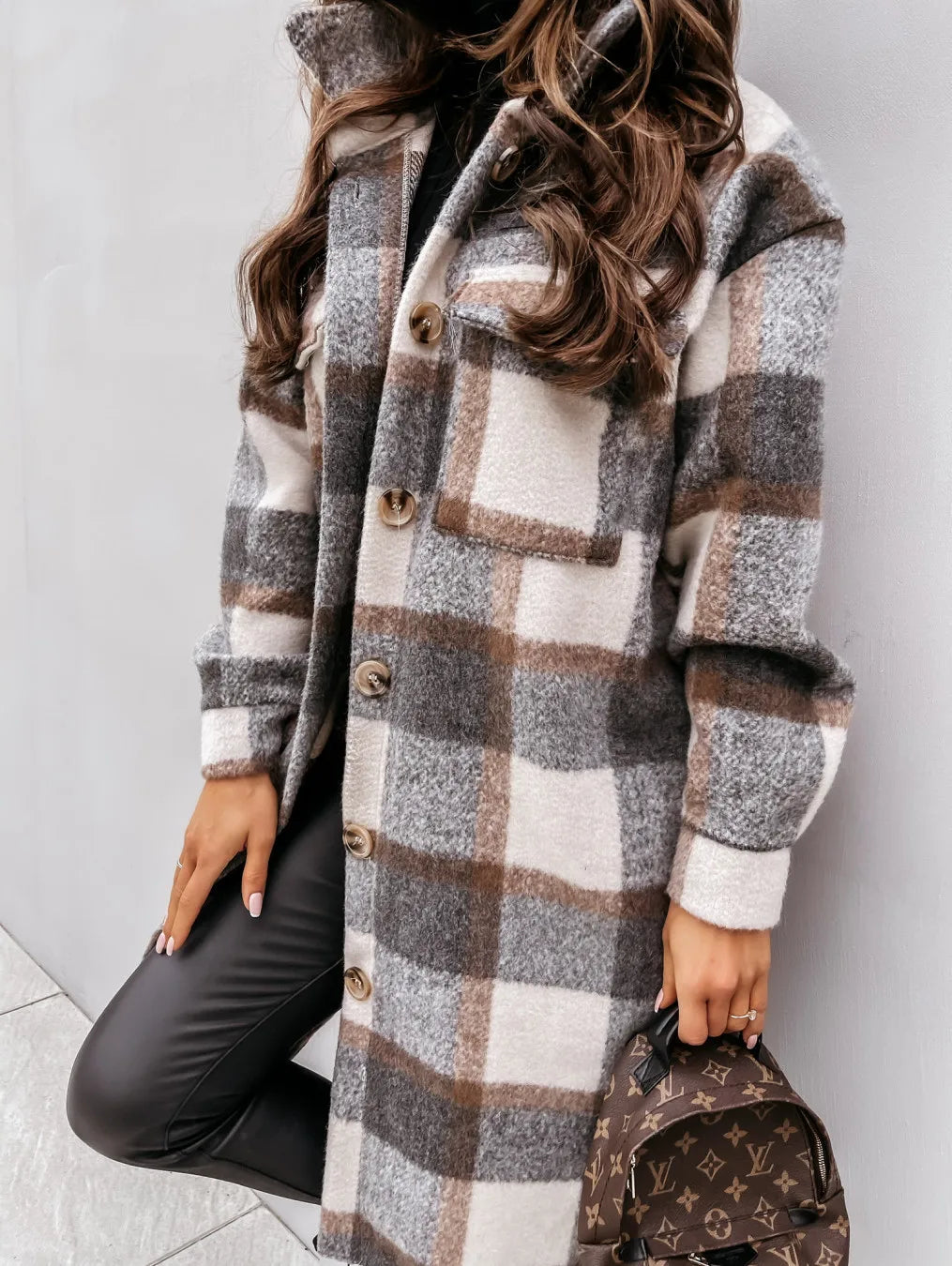 Langer Fleece-Mantel Karierter Stil