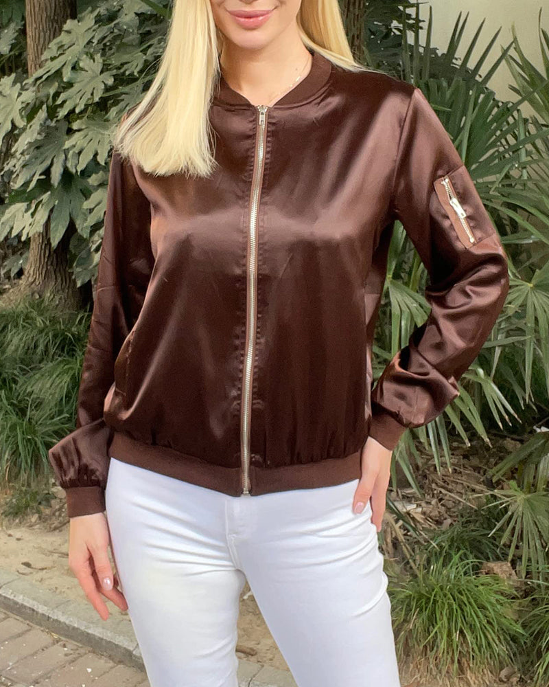 Moderne Damen Bomberjacke Mit Taschen Reißverschluss