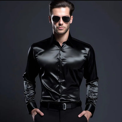 Herren Slim Fit Hemd Langarm Glänzend - IdealeKleiden