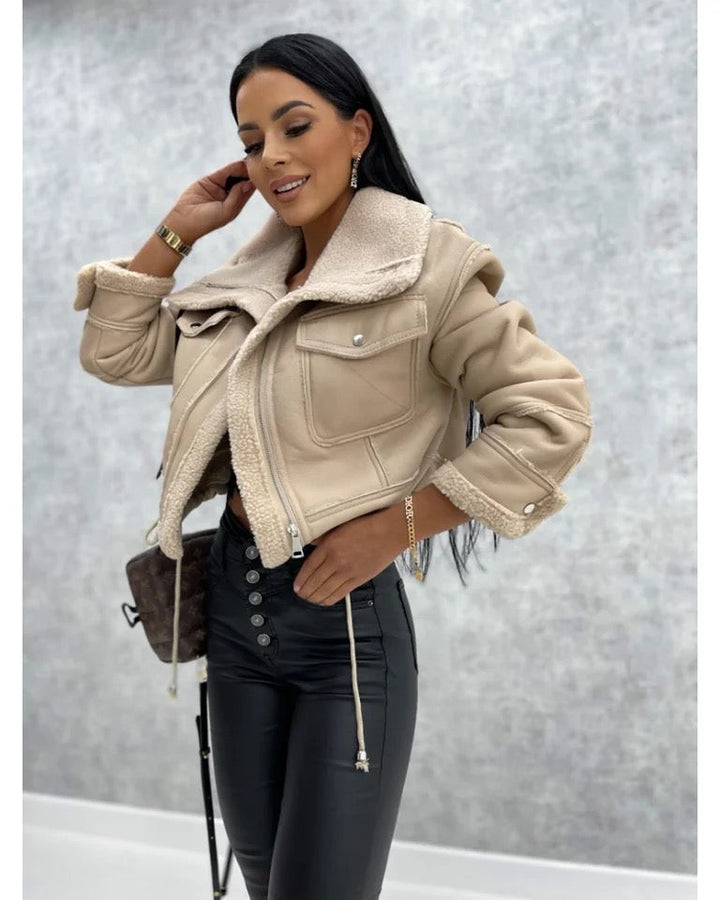 Stilvolle Lederjacke Schwarz Teddyfutter Frauen