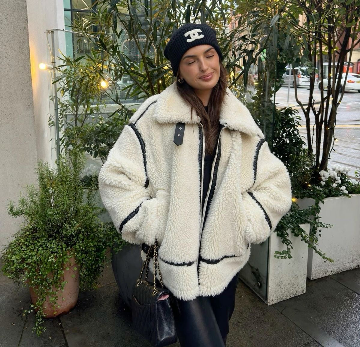 Übergroße Shearling-Jacke Weich Warm Reißverschluss