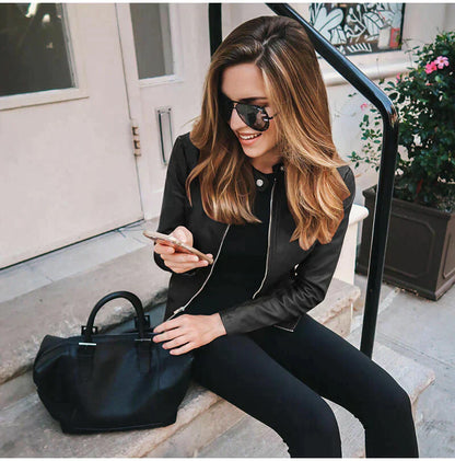 Italienische Lederjacke Elegant Schwarz - IdealeKleiden
