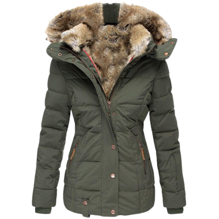 Warmes Winterkleid | Damenmantel mit Fellkragen und Steppnähten