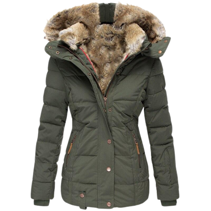 Warmes Winterkleid | Damenmantel mit Fellkragen und Steppnähten