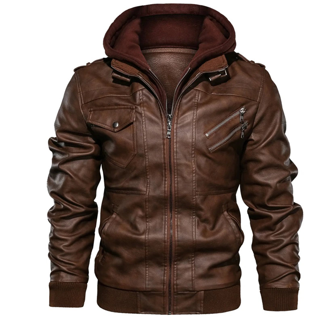 Herren Lederjacke Biker Stil Kapuze