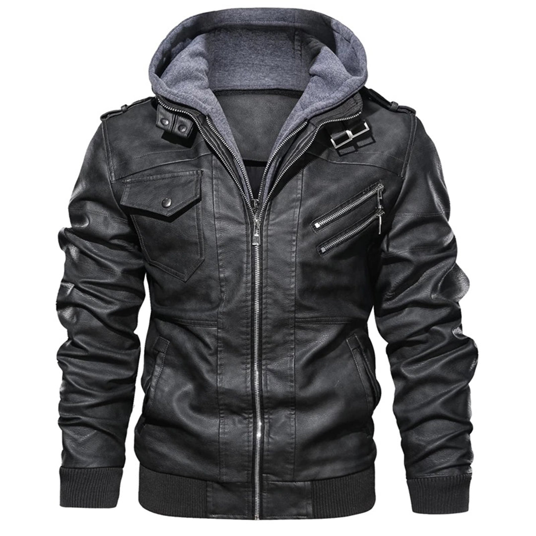 Herren Lederjacke Biker Stil Kapuze