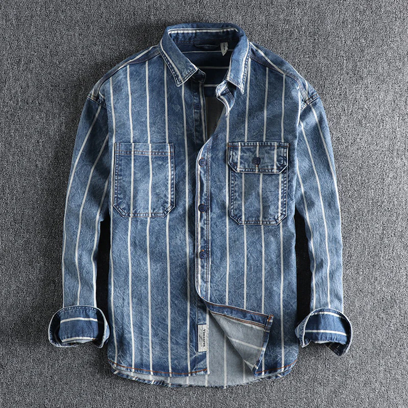 Herren Jeanshemd Streifen Langarm Knopfleiste