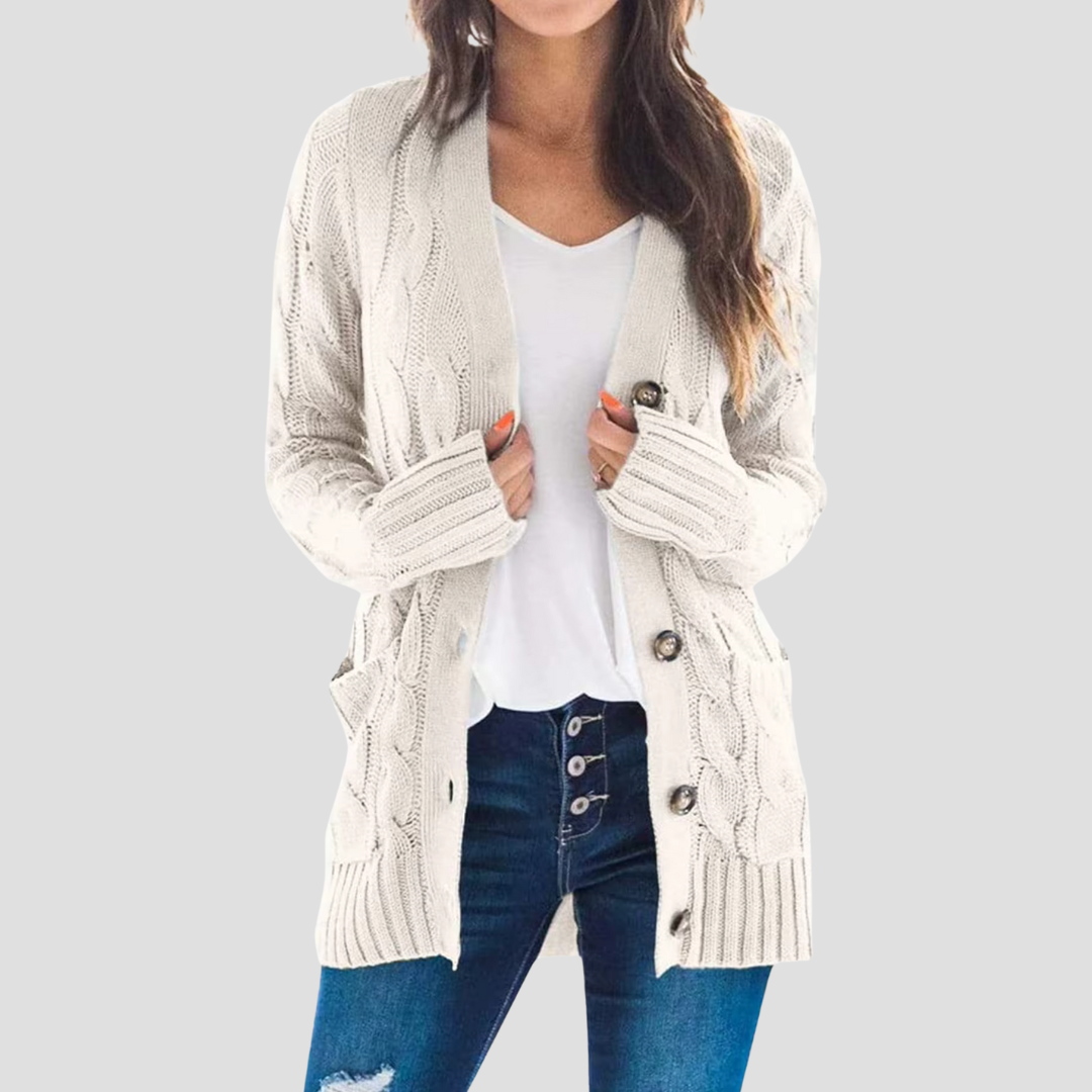 Damen Cardigan Kabelstrick Warm mit Knöpfen und Taschen