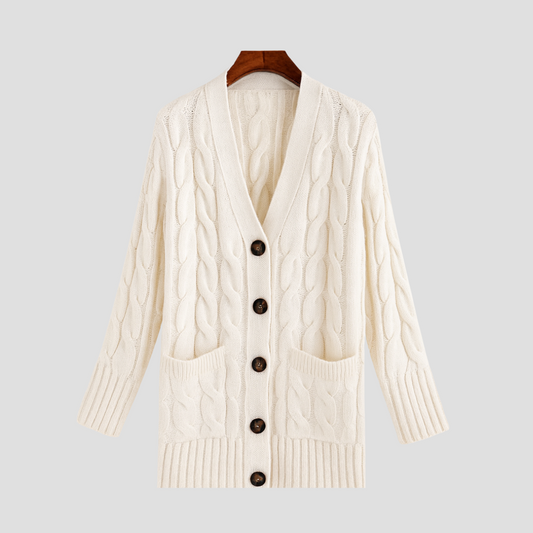 Damen Cardigan Kabelstrick Warm mit Knöpfen und Taschen - IdealeKleiden