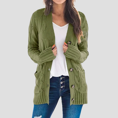 Damen Cardigan Kabelstrick Warm mit Knöpfen und Taschen