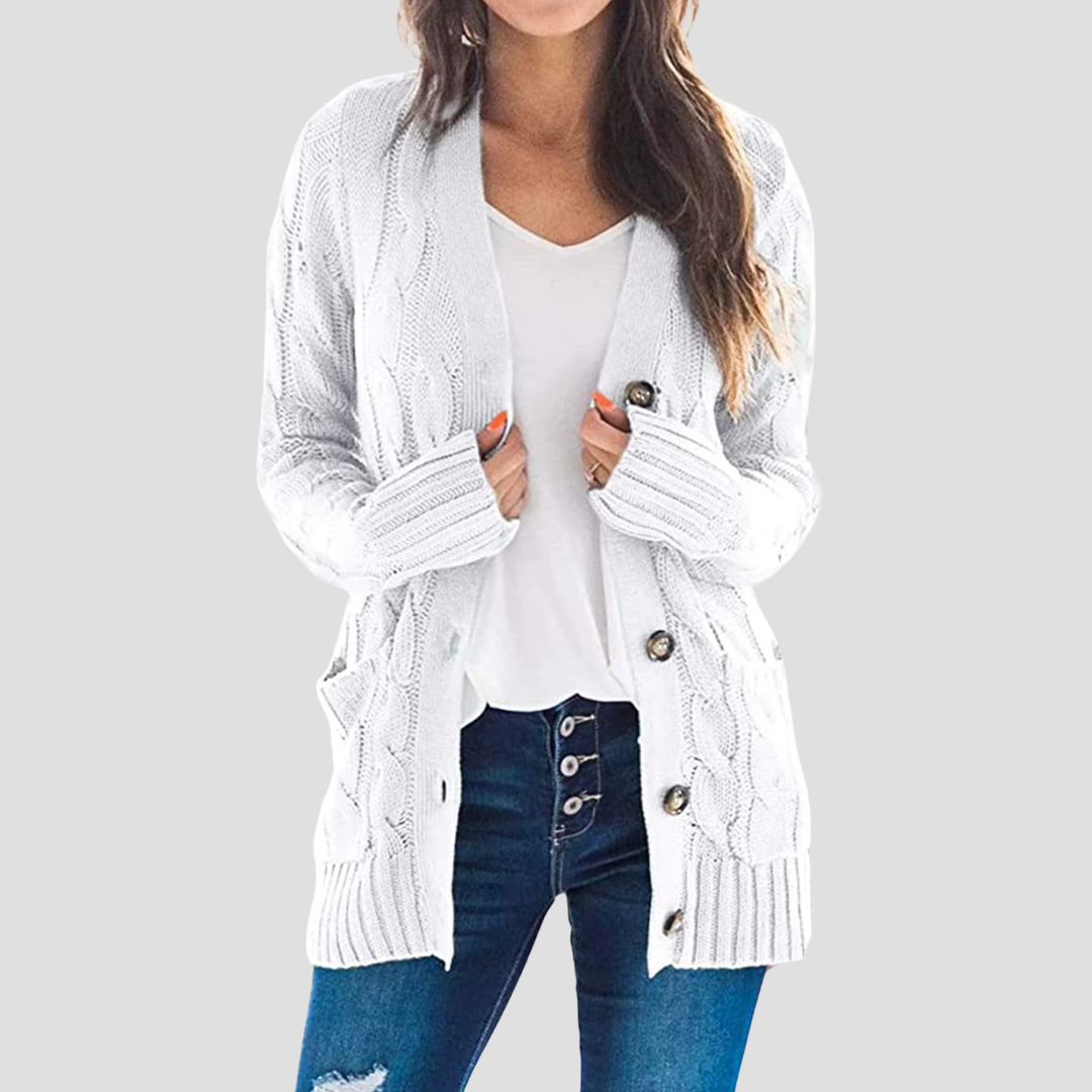 Damen Cardigan Kabelstrick Warm mit Knöpfen und Taschen