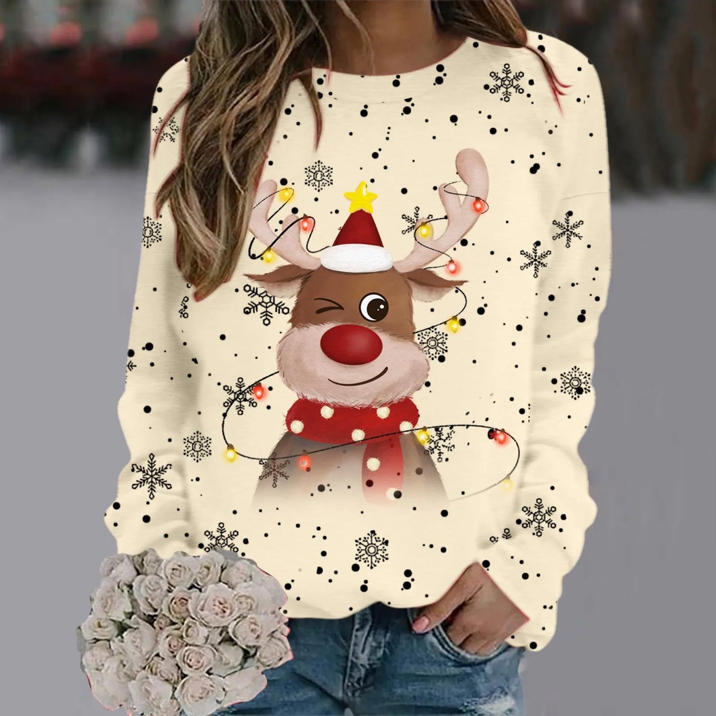 Weihnachtspullover Damen Weich 3D Rentier Design