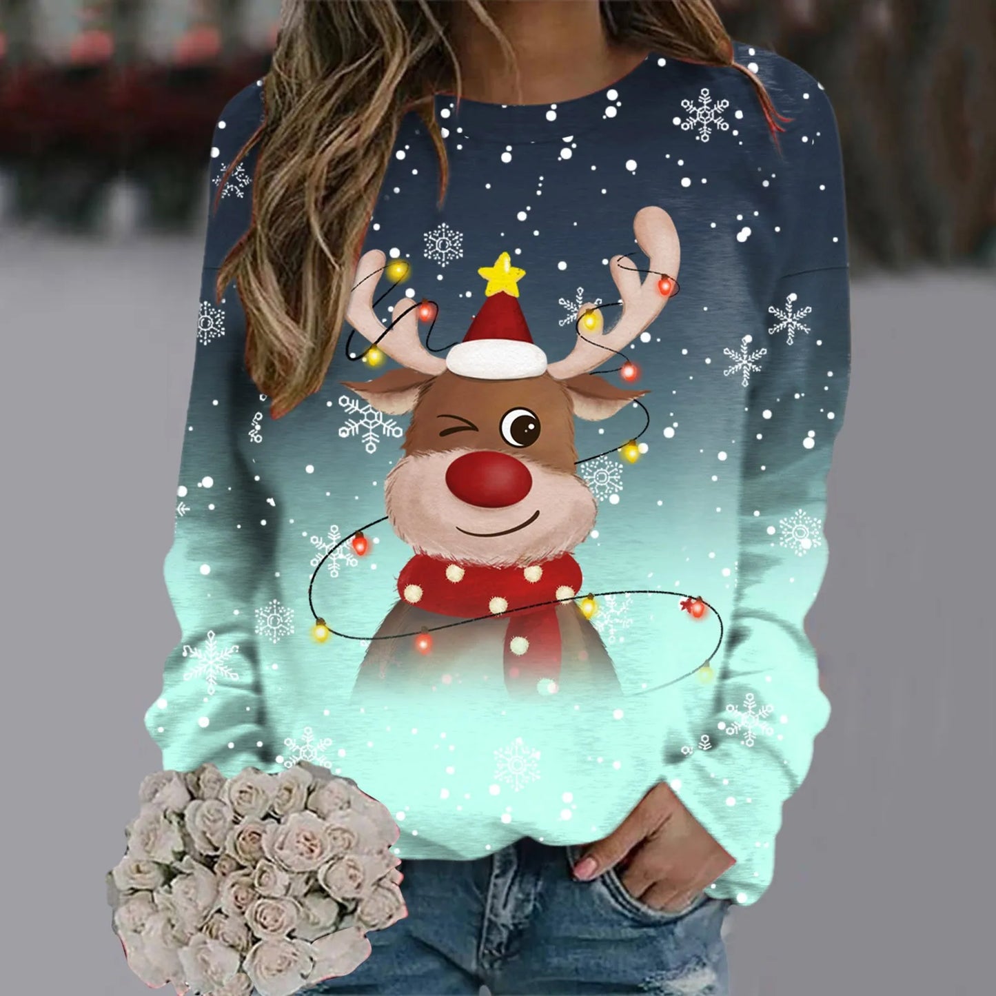 Weihnachtspullover Damen Weich 3D Rentier Design