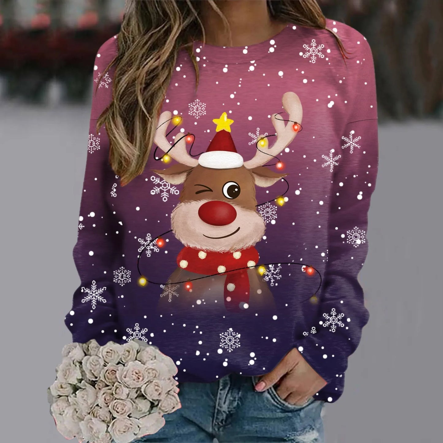 Weihnachtspullover Damen Weich 3D Rentier Design