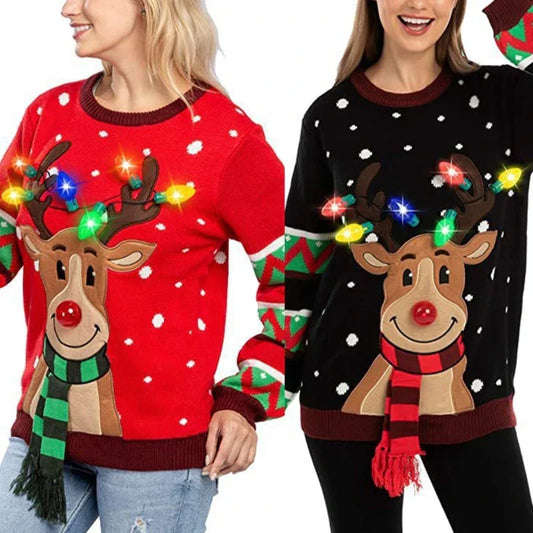 Weihnachts-Pullover Damen LED-Lichter Rentier-Design - IdealeKleiden