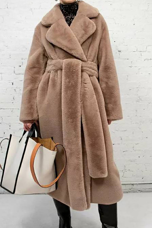 Damen Imitationsfell Jacke Lang Elegant Gürtel - IdealeKleiden