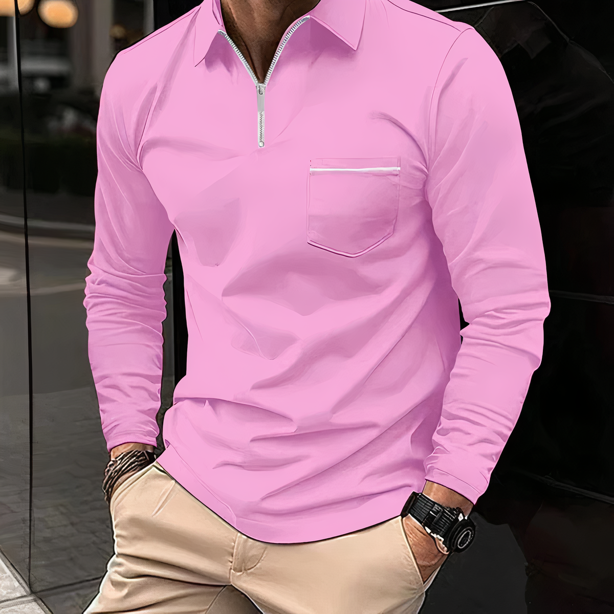 Männer Poloshirt Langarm Elegant V-Ausschnitt