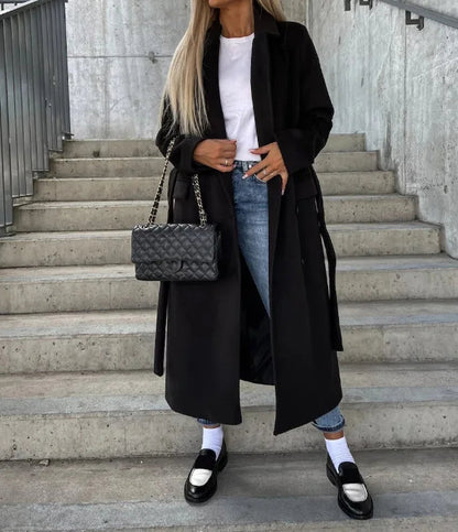 Damen Wintermantel Lang Wolljacke Reverskragen