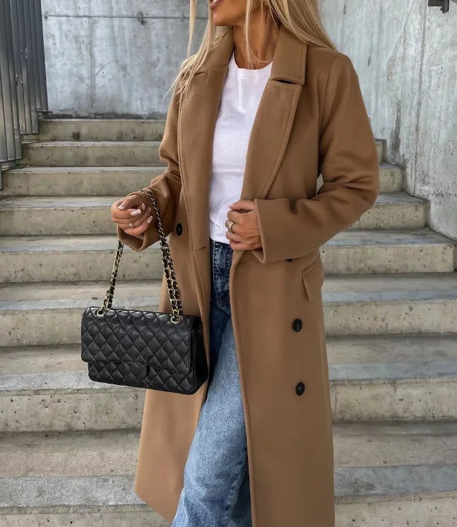 Damen Wintermantel Lang Wolljacke Reverskragen