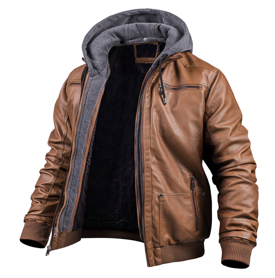 Herren Lederjacke Winter Kapuze Reißverschluss