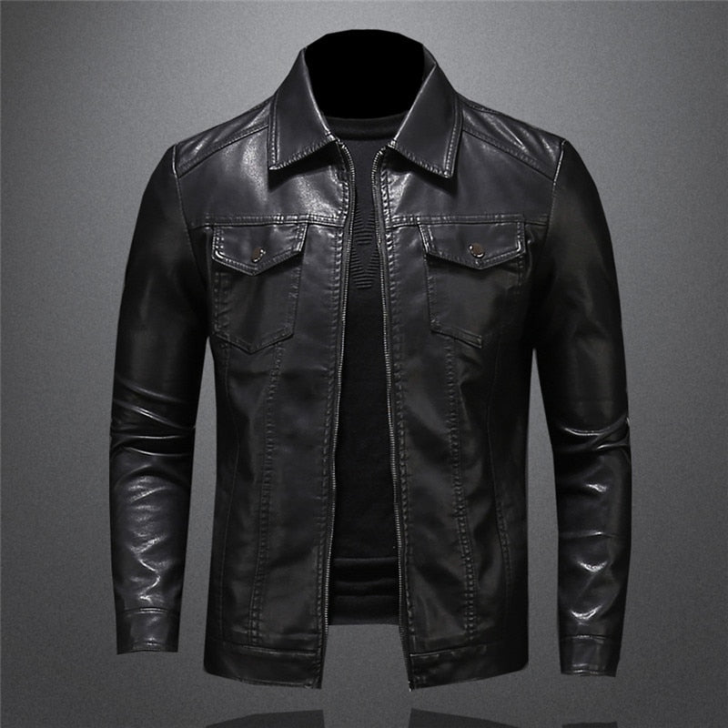 Elegante Lederjacke Slim Fit Reißverschluss Schwarz - IdealeKleiden