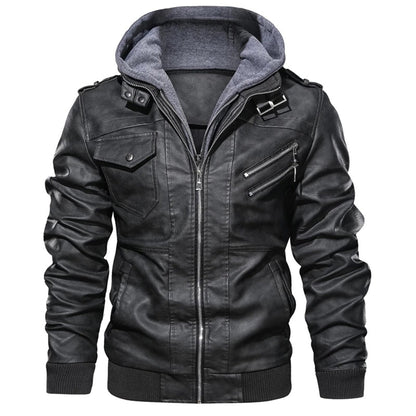 Leder Bikerjacke Herren Kapuze Reißverschluss